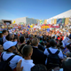 A large group of climate protesters stand outside of the COP27 meeting in Egypt.